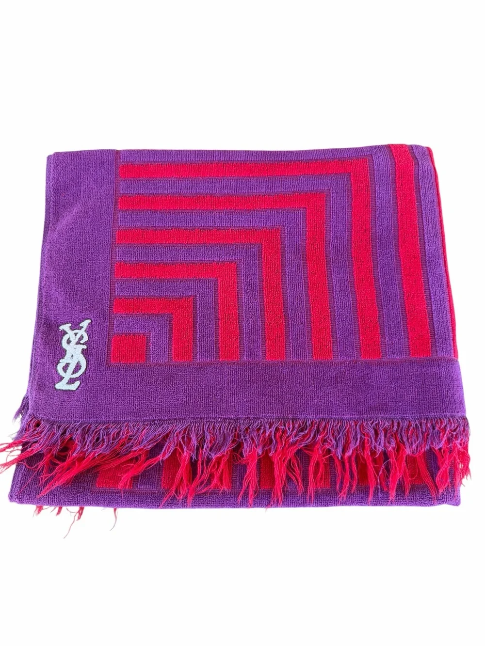 VTG Fieldcrest Yves Saint Laurent YSL Geometric Bath Towel Purple Red Fringe GUC